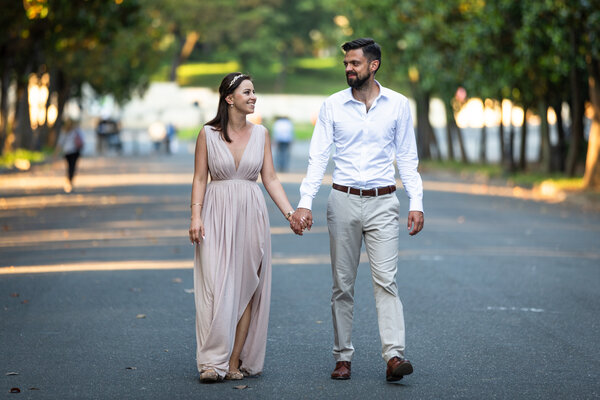 Happy newly-wed couple in Villa Borghese during a post-wedding photo shoot. Rome, Italy.