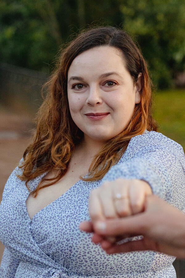 Portrait of a newly-engaged young woman in Villa Borghese in Rome